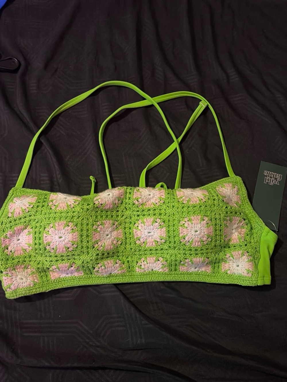 wild fable Green Crochet Floral Bikini Top with Pink Accents